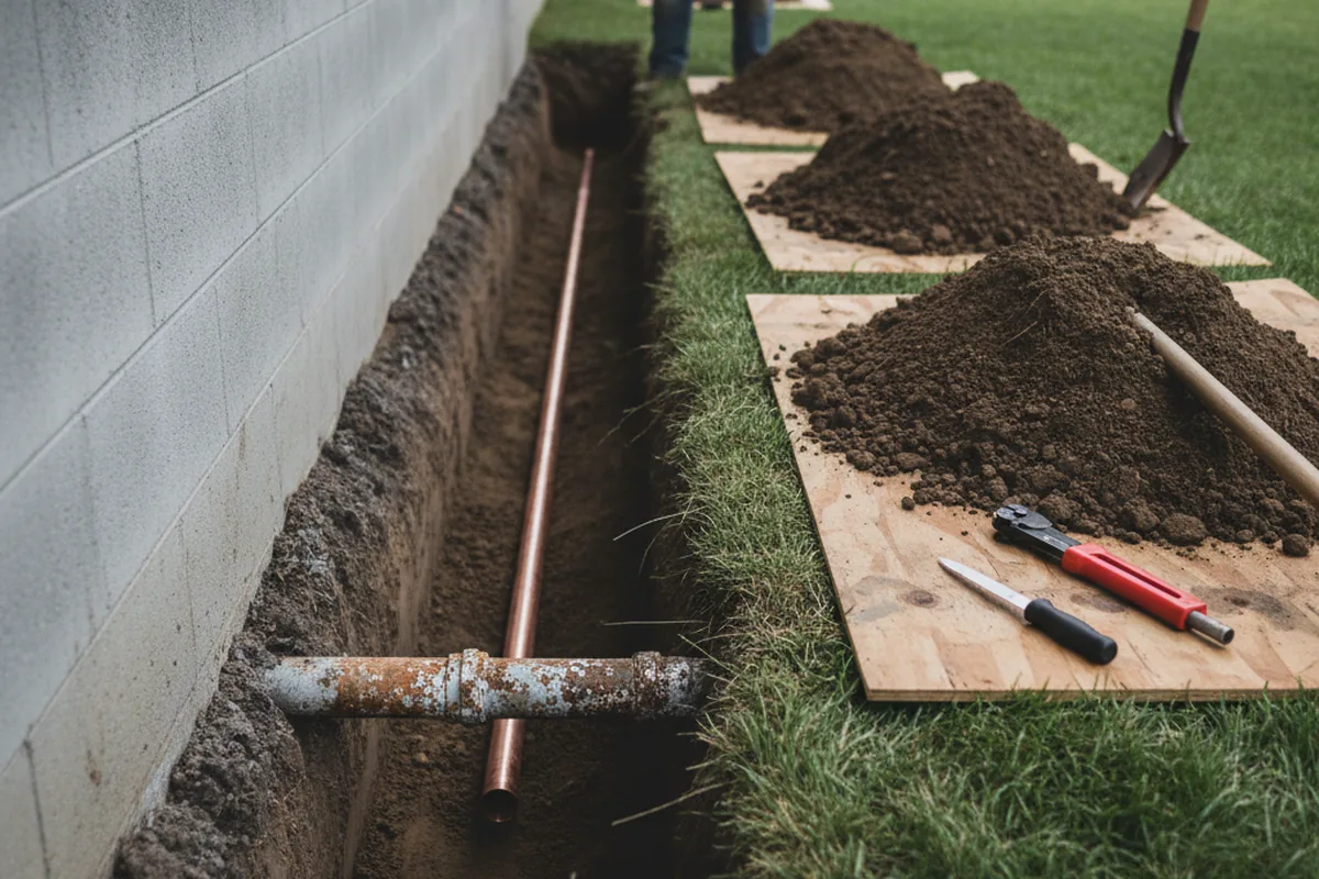 Excavated water line trench during Water Softener Installation in Shirley